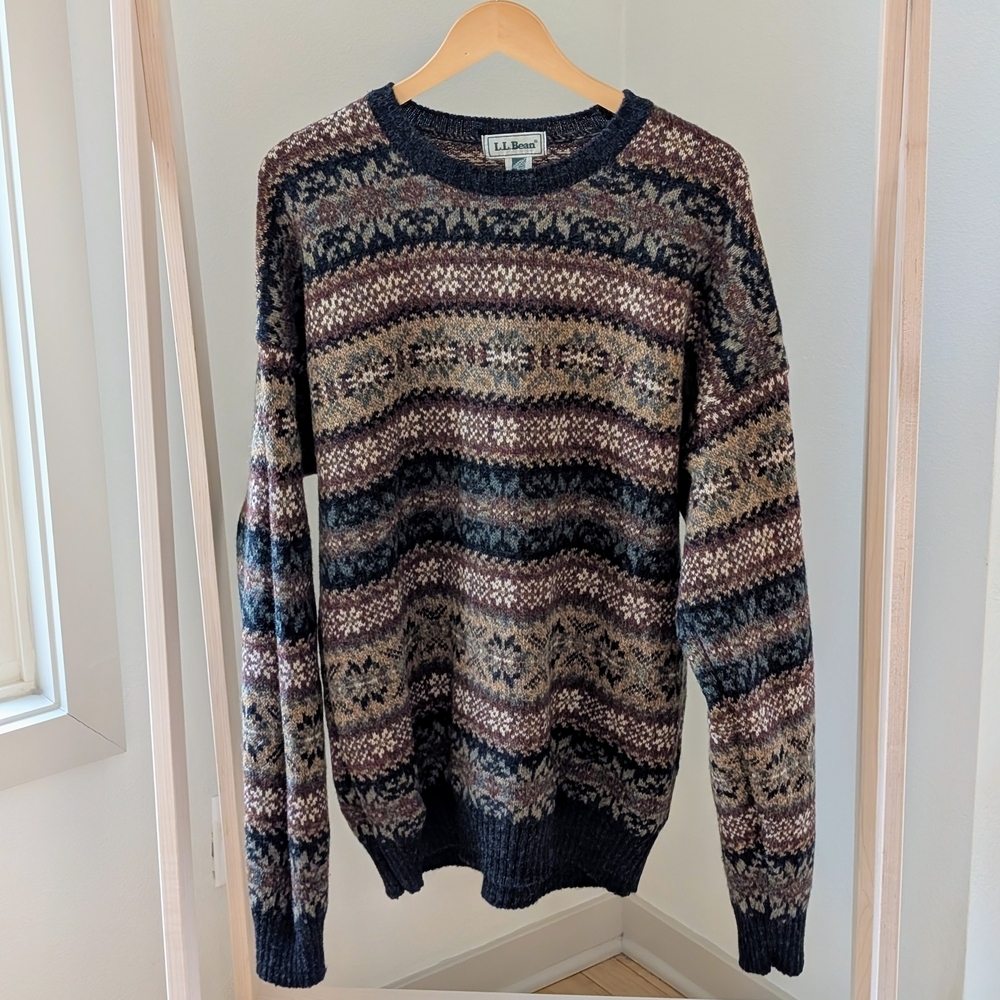Vintage L.L. Bean Fair Isle Geometric Textured Wool Sweater In Black/Tan - Picture 2 of 7